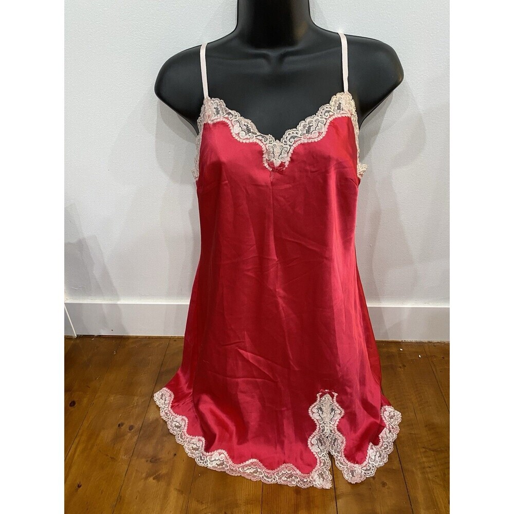 Victoria Secret Hot pink Satin Lace Chemise Slip Babydoll Lingerie Size M